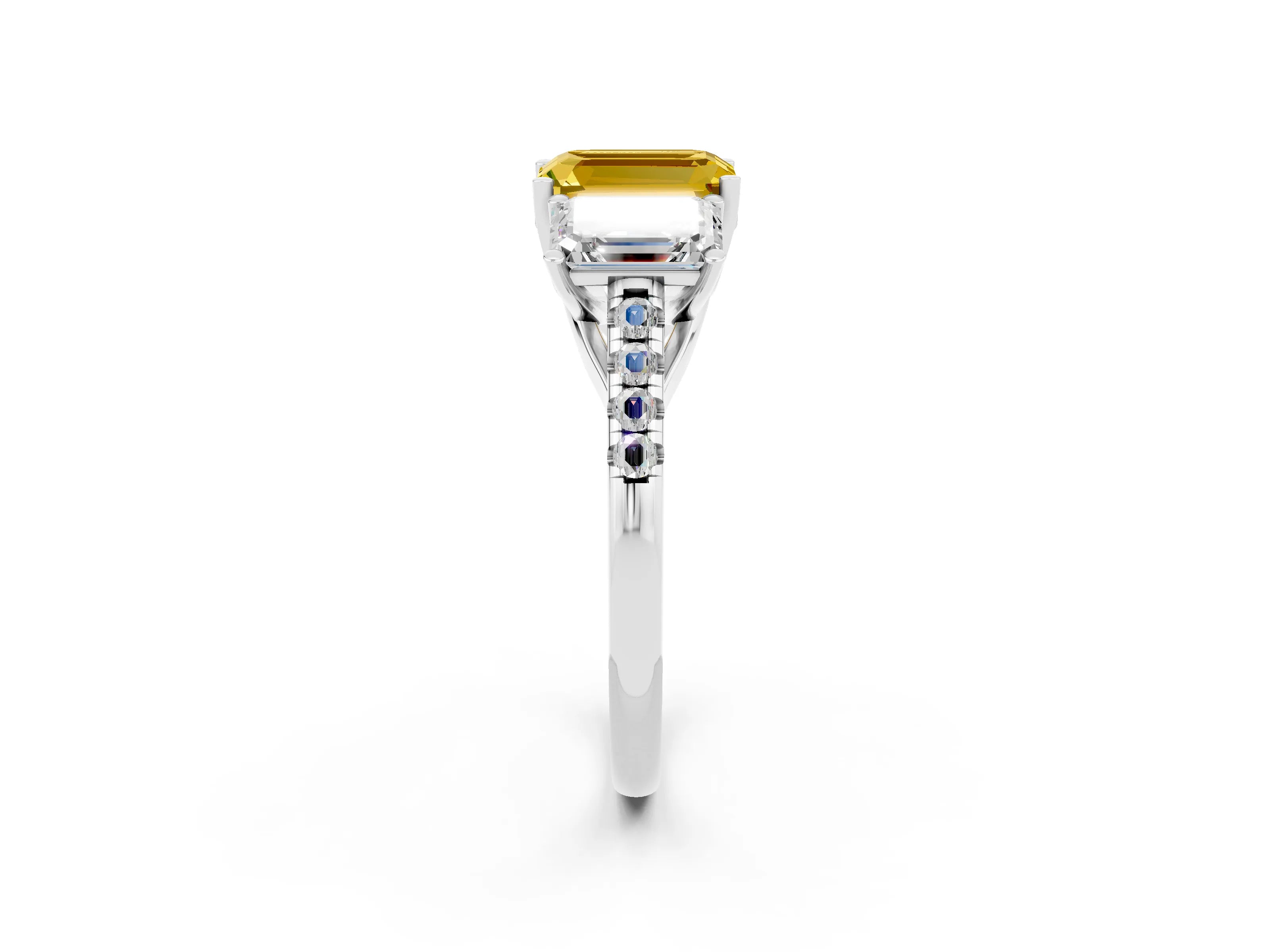 White gold Three-Stone Emerald Cut Yellow Sapphire Ring with Pavé Band and Prong Setting_38