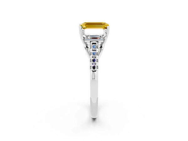 Silver Three-Stone Emerald Cut Yellow Sapphire Ring with Round  Pavé Band and Prong Setting
