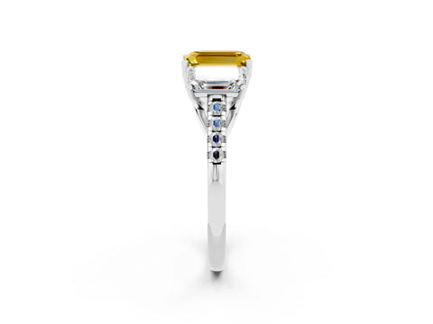 White gold Three-Stone Emerald Cut Yellow Sapphire Ring with Pavé Band and Prong Setting_38