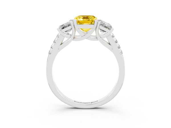 Platinum Three-Stone Emerald Cut Yellow Sapphire Ring with Round  Pavé Band and Prong Setting