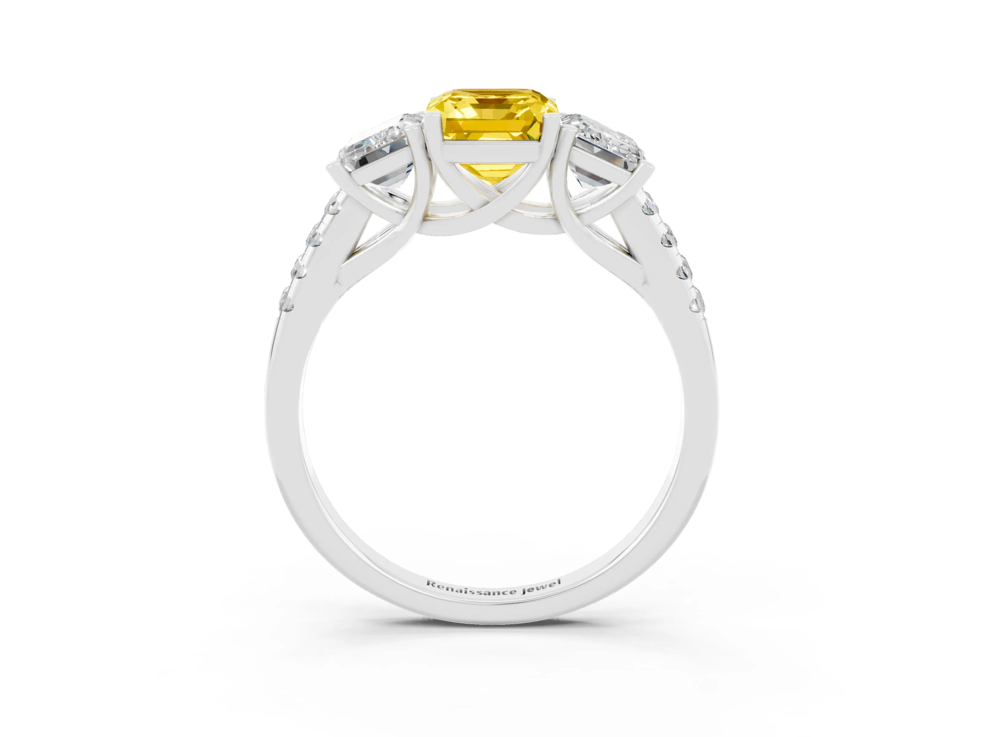 White gold Three-Stone Emerald Cut Yellow Sapphire Ring with Pavé Band and Prong Setting_39