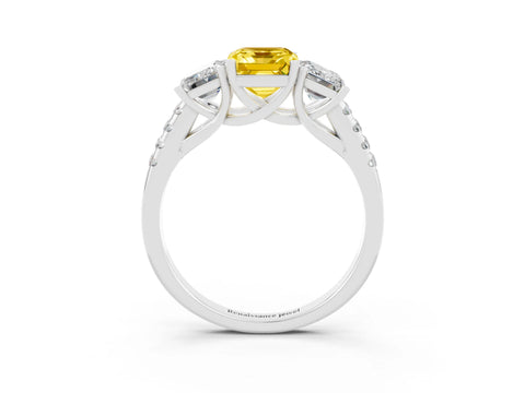 White gold Three-Stone Emerald Cut Yellow Sapphire Ring with Pavé Band and Prong Setting_39