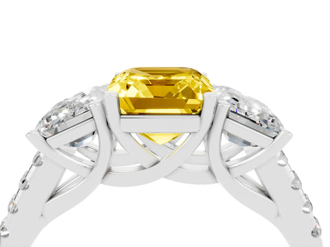 White gold Three-Stone Emerald Cut Yellow Sapphire Ring with Pavé Band and Prong Setting_40