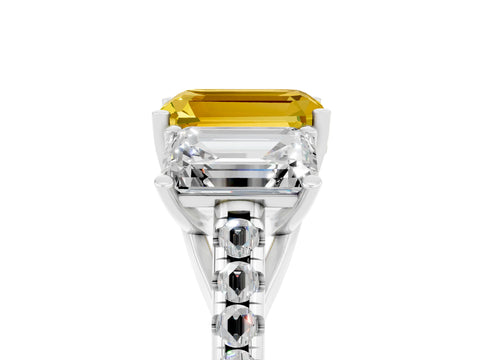 White gold Three-Stone Emerald Cut Yellow Sapphire Ring with Pavé Band and Prong Setting_41
