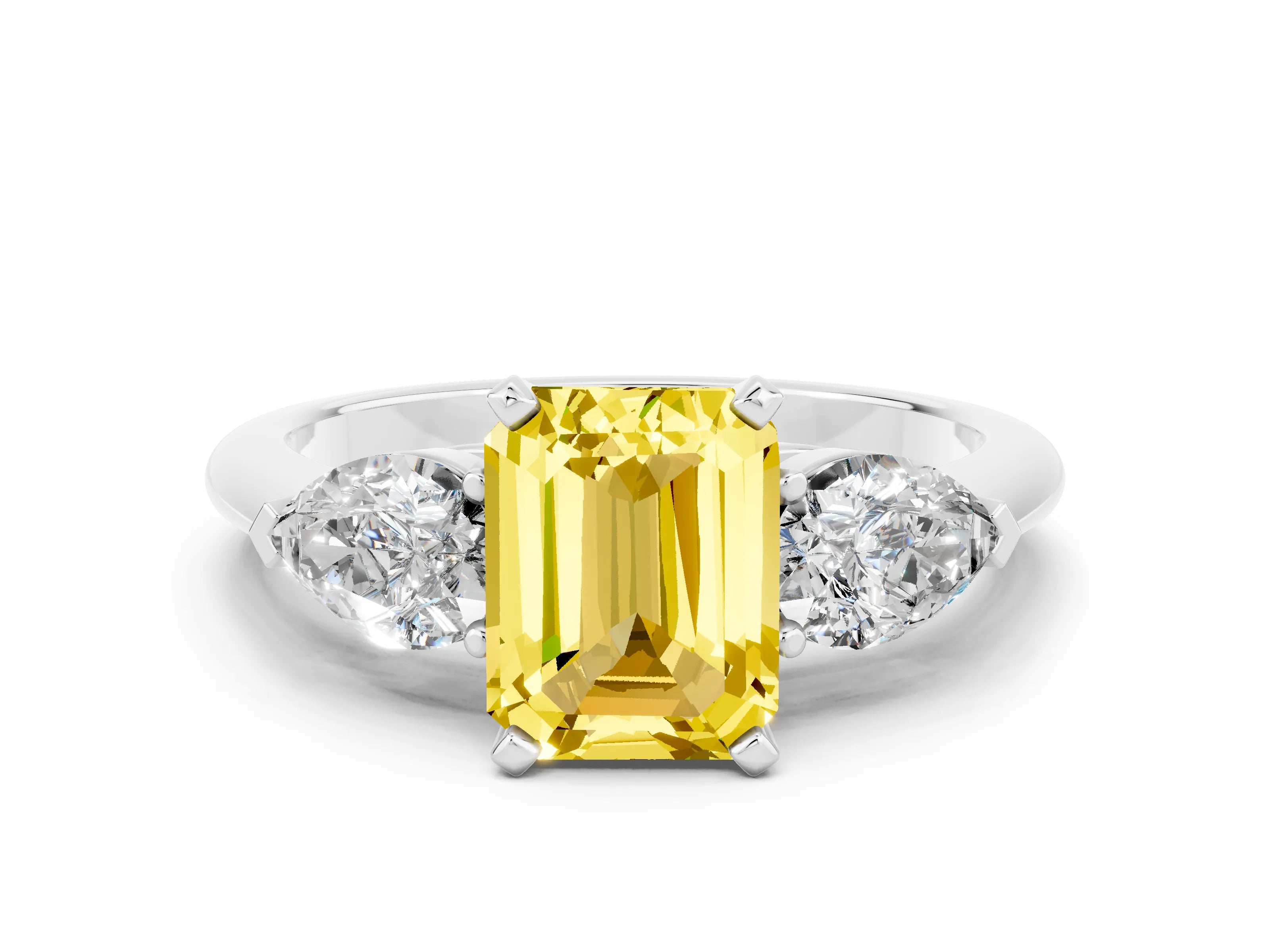 White gold Three-Stone Emerald Cut Yellow Sapphire Ring with Pear Side Stones and Four-Prong Setting_24
