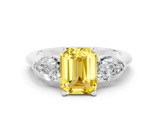 White gold Three-Stone Emerald Cut Yellow Sapphire Ring with Pear Side Stones and Four-Prong Setting