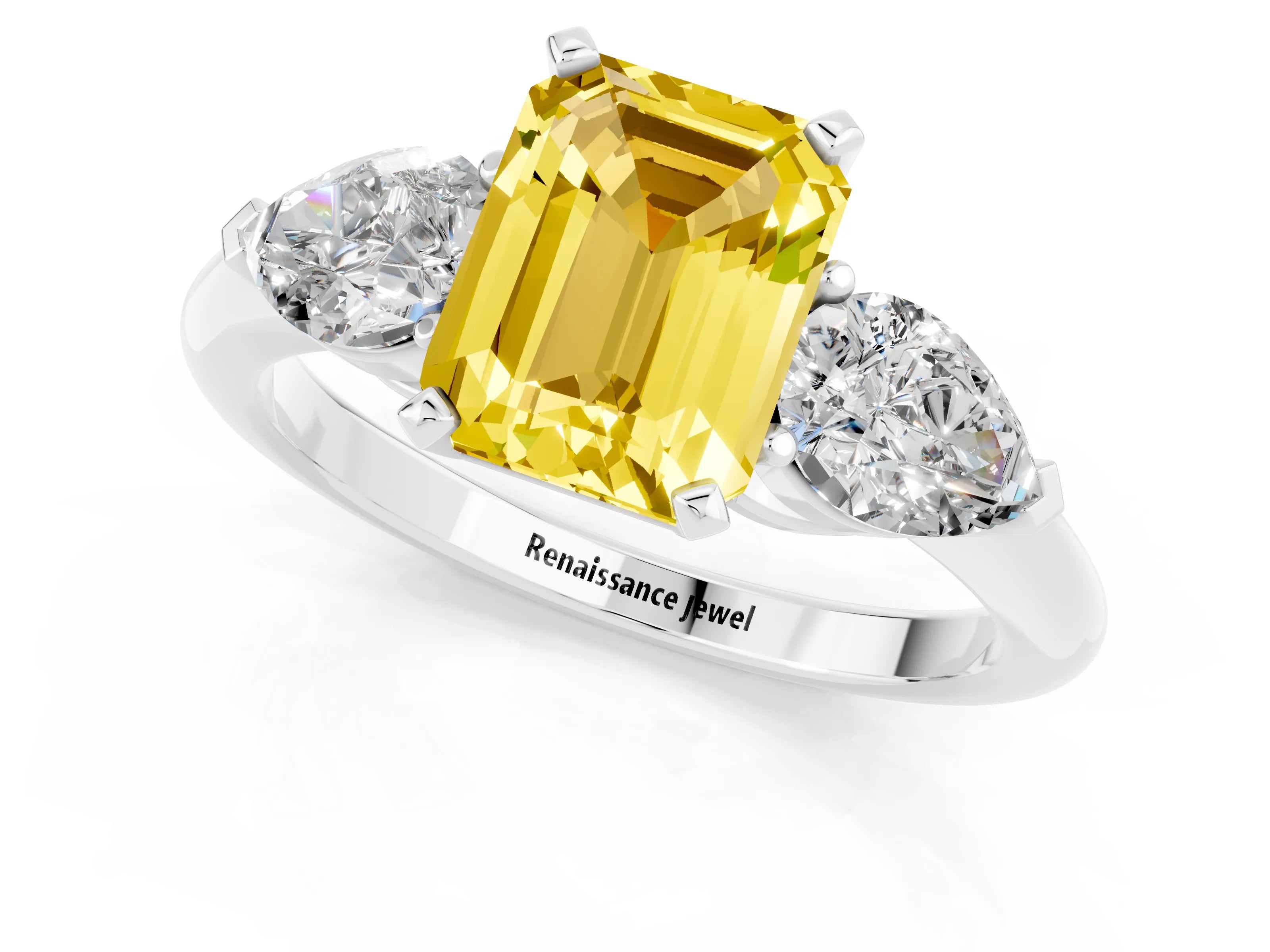 White gold Three-Stone Emerald Cut Yellow Sapphire Ring with Pear Side Stones and Four-Prong Setting_25