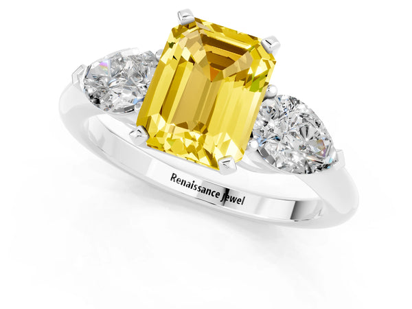 Silver Three-Stone Emerald Cut Yellow Sapphire Ring with Pear Side Stones and Four-Prong Setting