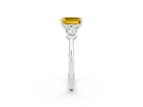 White gold Three-Stone Emerald Cut Yellow Sapphire Ring with Pear Side Stones and Four-Prong Setting_26