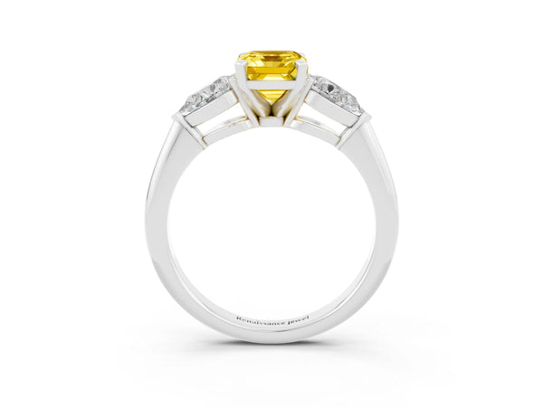 White gold Three-Stone Emerald Cut Yellow Sapphire Ring with Pear Side Stones and Four-Prong Setting