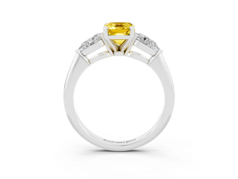 White gold Three-Stone Emerald Cut Yellow Sapphire Ring with Pear Side Stones and Four-Prong Setting_27