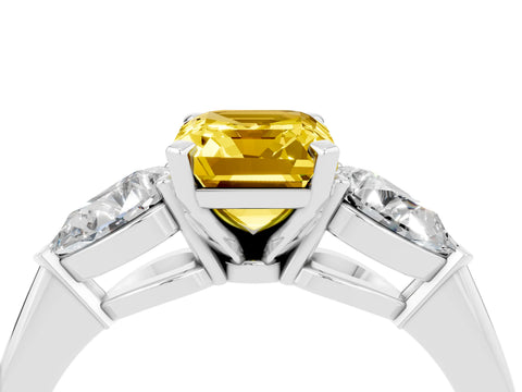 White gold Three-Stone Emerald Cut Yellow Sapphire Ring with Pear Side Stones and Four-Prong Setting_28