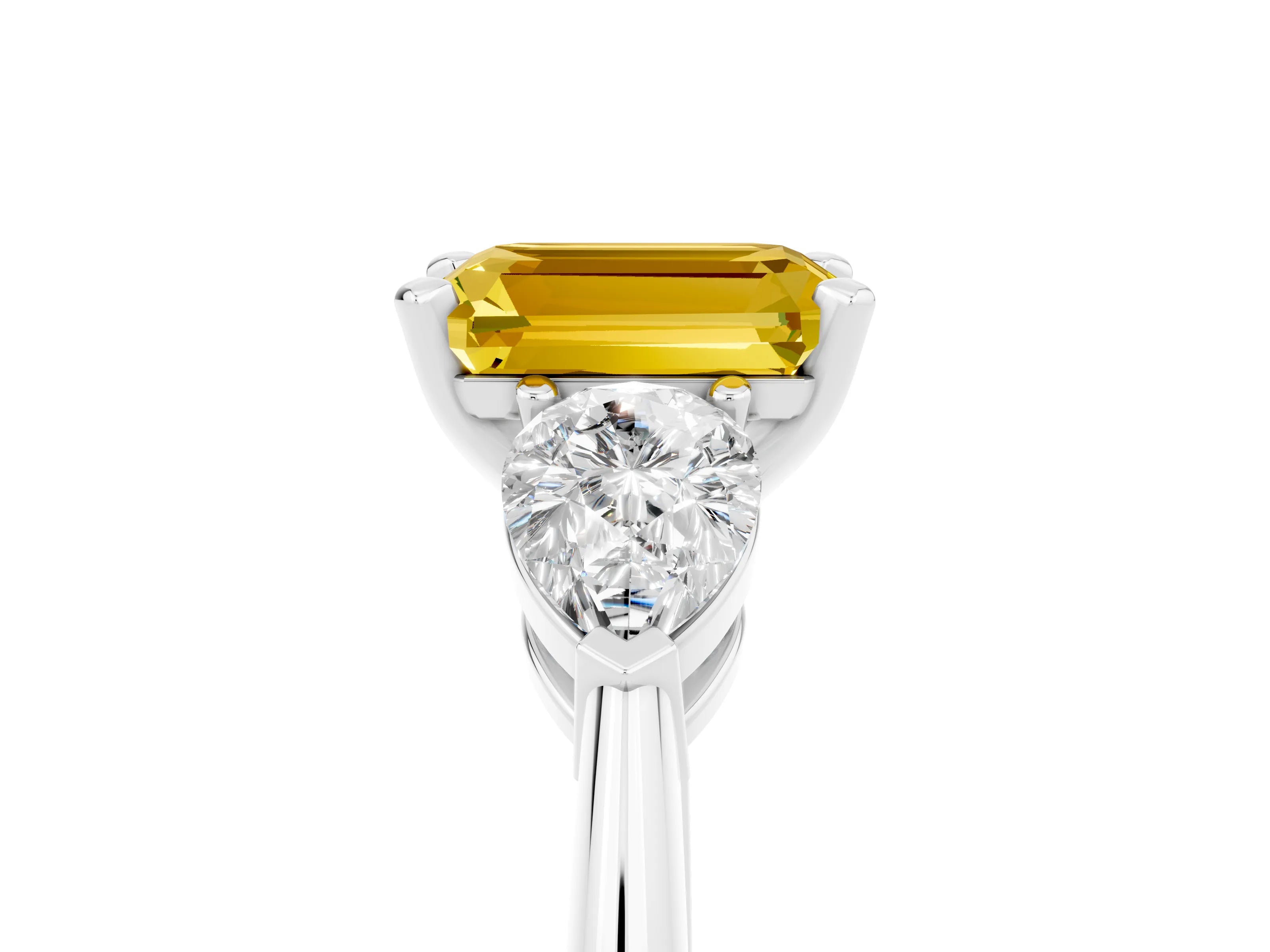 White gold Three-Stone Emerald Cut Yellow Sapphire Ring with Pear Side Stones and Four-Prong Setting_29