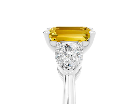 White gold Three-Stone Emerald Cut Yellow Sapphire Ring with Pear Side Stones and Four-Prong Setting_29