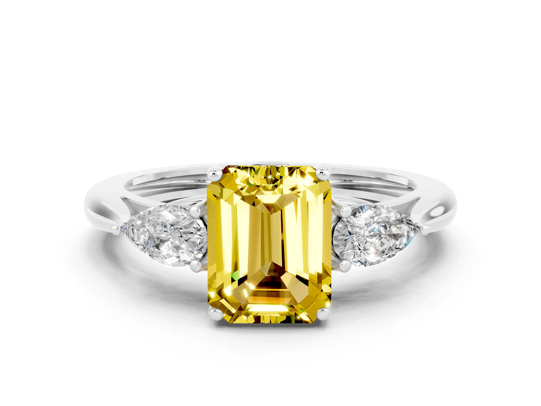 White gold Three-Stone Emerald Cut Yellow Sapphire Ring with Pear  Side Stones in Four-Prong Setting_12