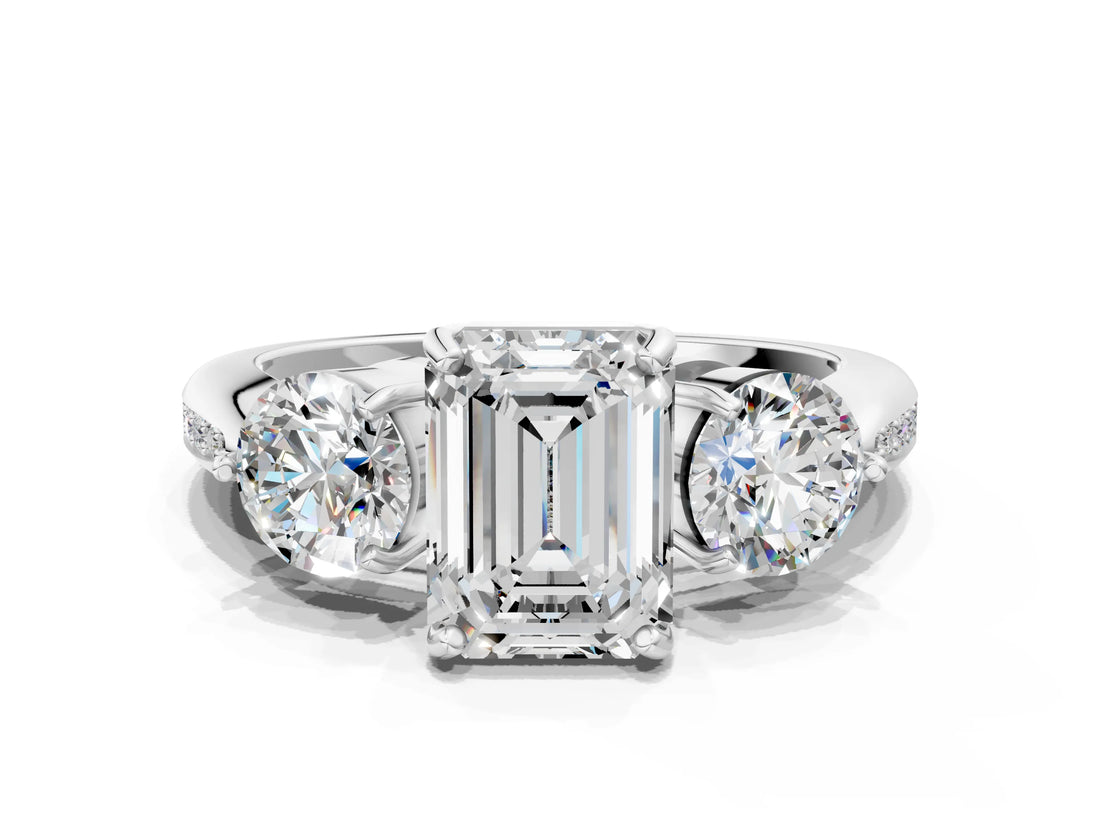 White gold Three-Stone Emerald Diamond Channel Set Engagement Ring with Prong Setting_3