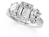 White gold Three-Stone Emerald Diamond Milgrain Pave Band with Prong Setting 1