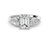 White gold Three-Stone Emerald Diamond Ring with Pear Side Stones in Four-Prong Setting_104