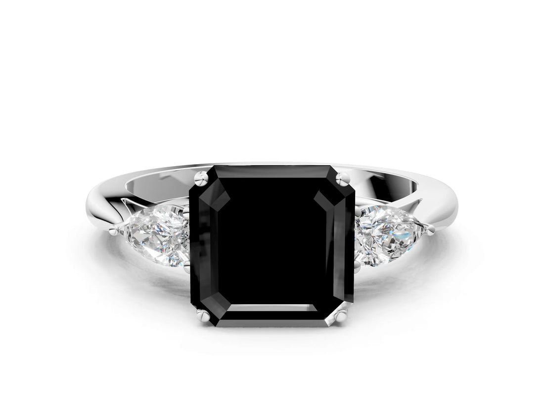 White gold Three-Stone Fancy Black Asscher Cut Brilliant Diamond Solitaire Ring with Tapered Band and Four-Prong Setting_31