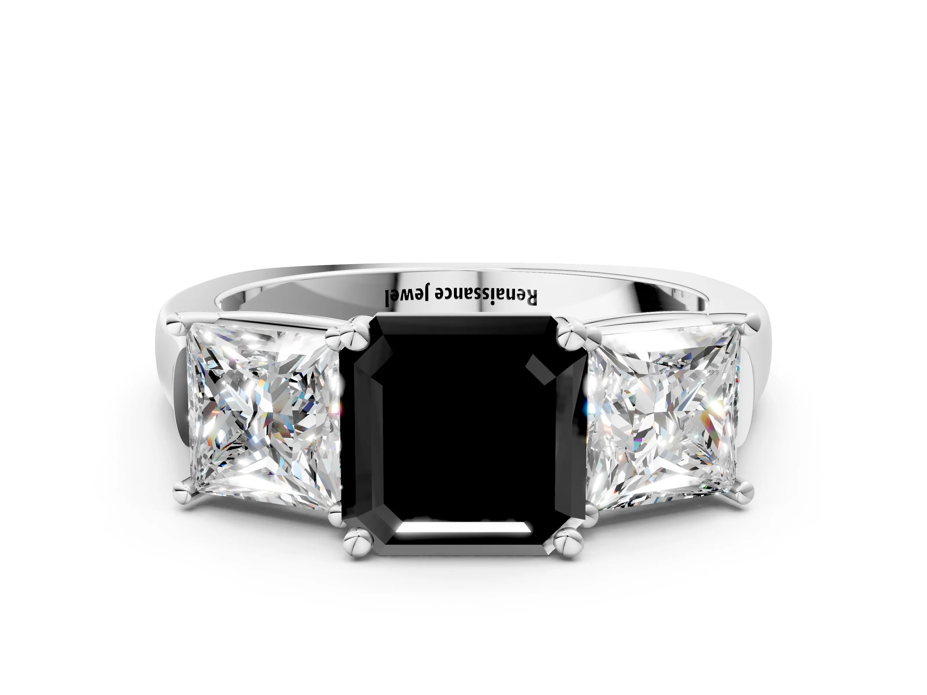 White gold Three-Stone Fancy Black Asscher Cut Brilliant Diamond Trellis Ring with Comfort Fit Band_12