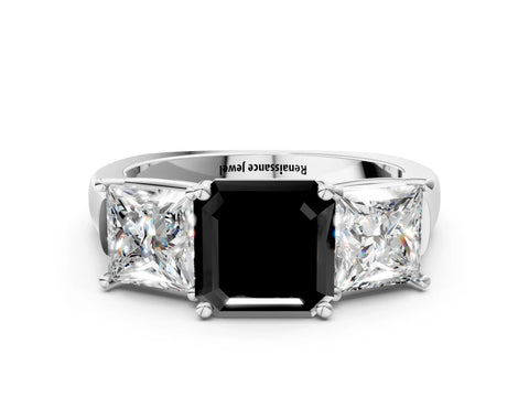 White gold Three-Stone Fancy Black Asscher Cut Brilliant Diamond Trellis Ring with Comfort Fit Band_12