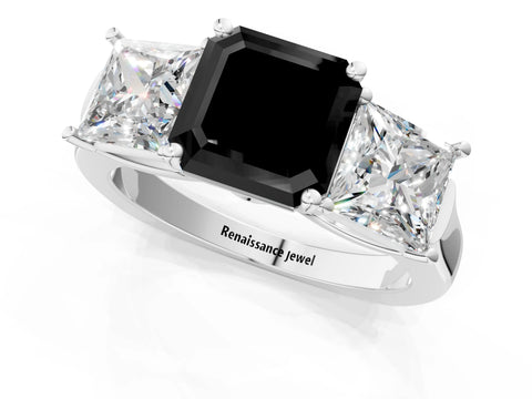 White gold Three-Stone Fancy Black Asscher Cut Brilliant Diamond Trellis Ring with Comfort Fit Band_13