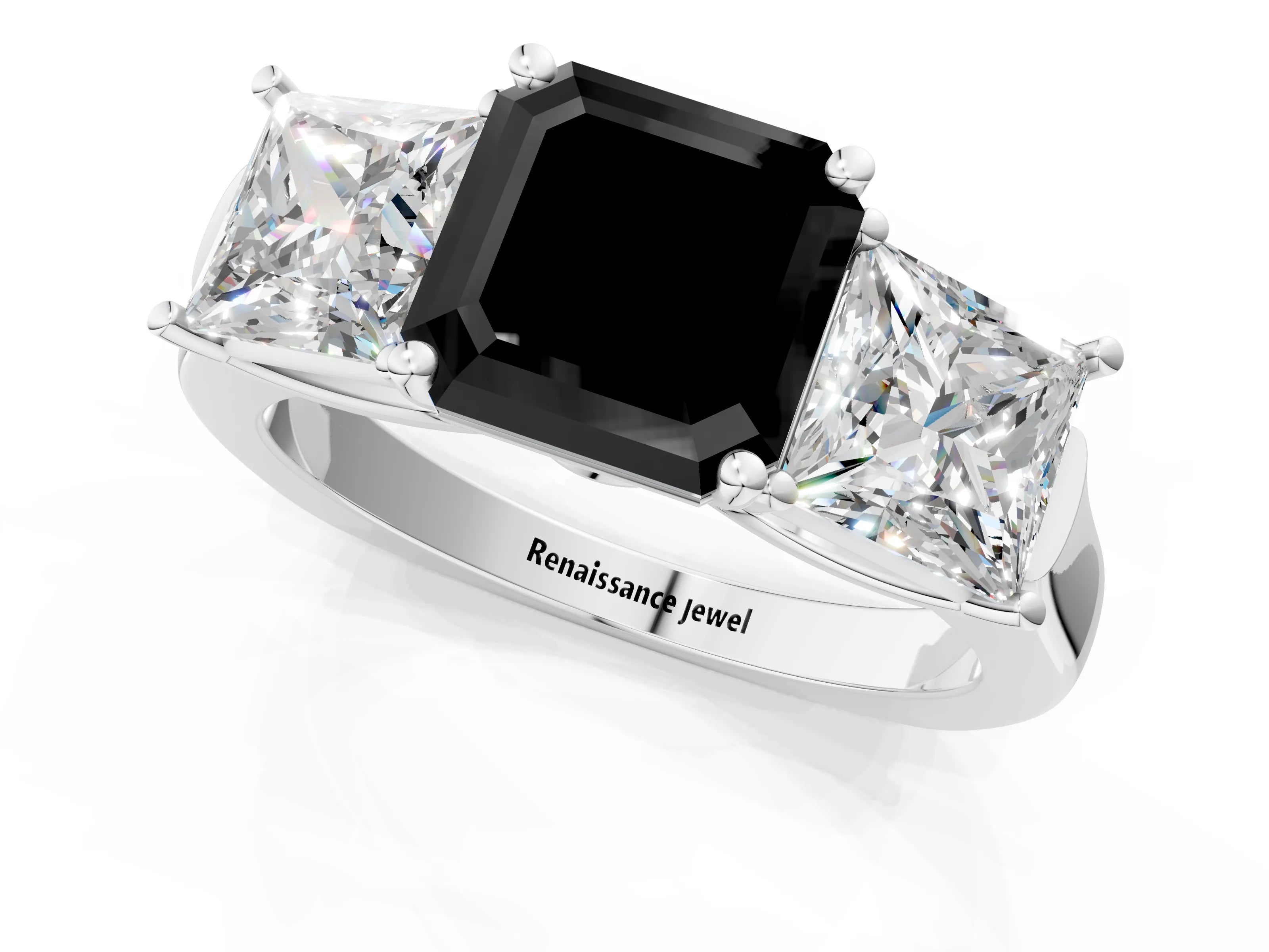 White gold Three-Stone Fancy Black Asscher Cut Brilliant Diamond Trellis Ring with Comfort Fit Band_13