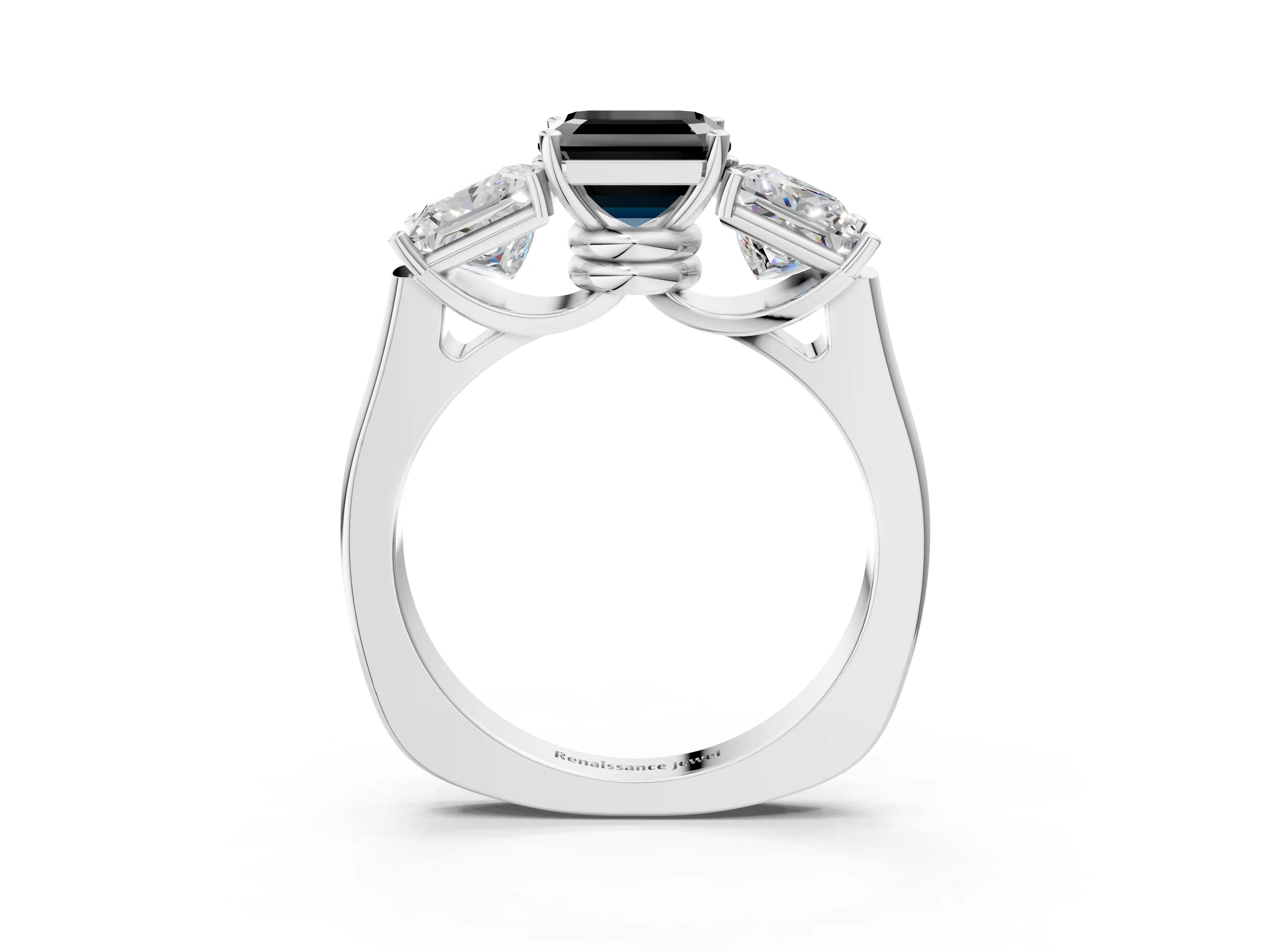 White gold Three-Stone Fancy Black Asscher Cut Brilliant Diamond Trellis Ring with Comfort Fit Band_15