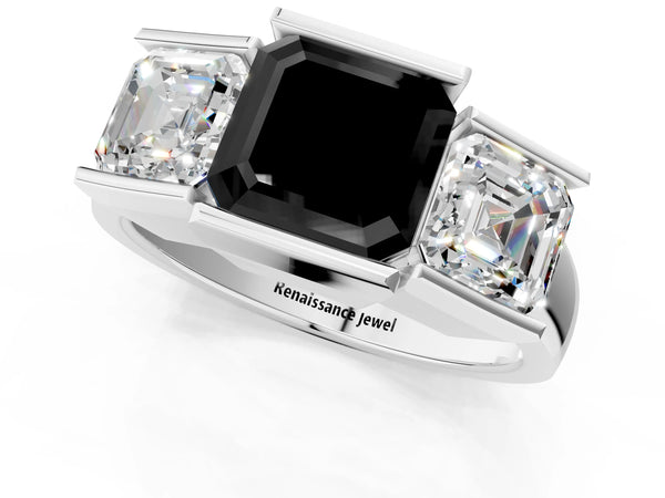 Sterling Silver Asscher Cut Channel Set Three Stone Engagement Ring Setting for Black Center