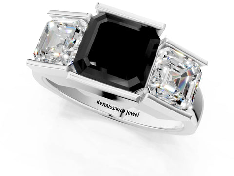 White gold Three Stone Fancy Black Asscher Cut Cut Channel Set Diamond Ring_25