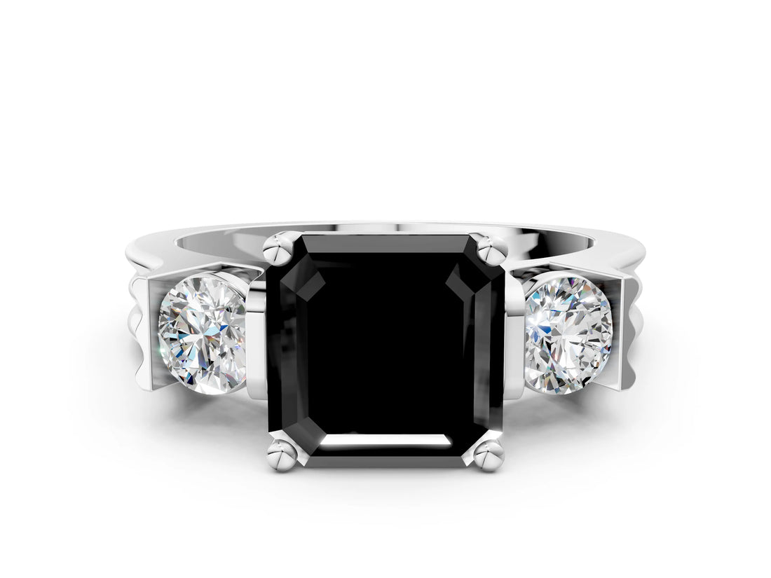 White gold Three-Stone Fancy Black Asscher Cut Cut Classic Band Prong Setting Ring