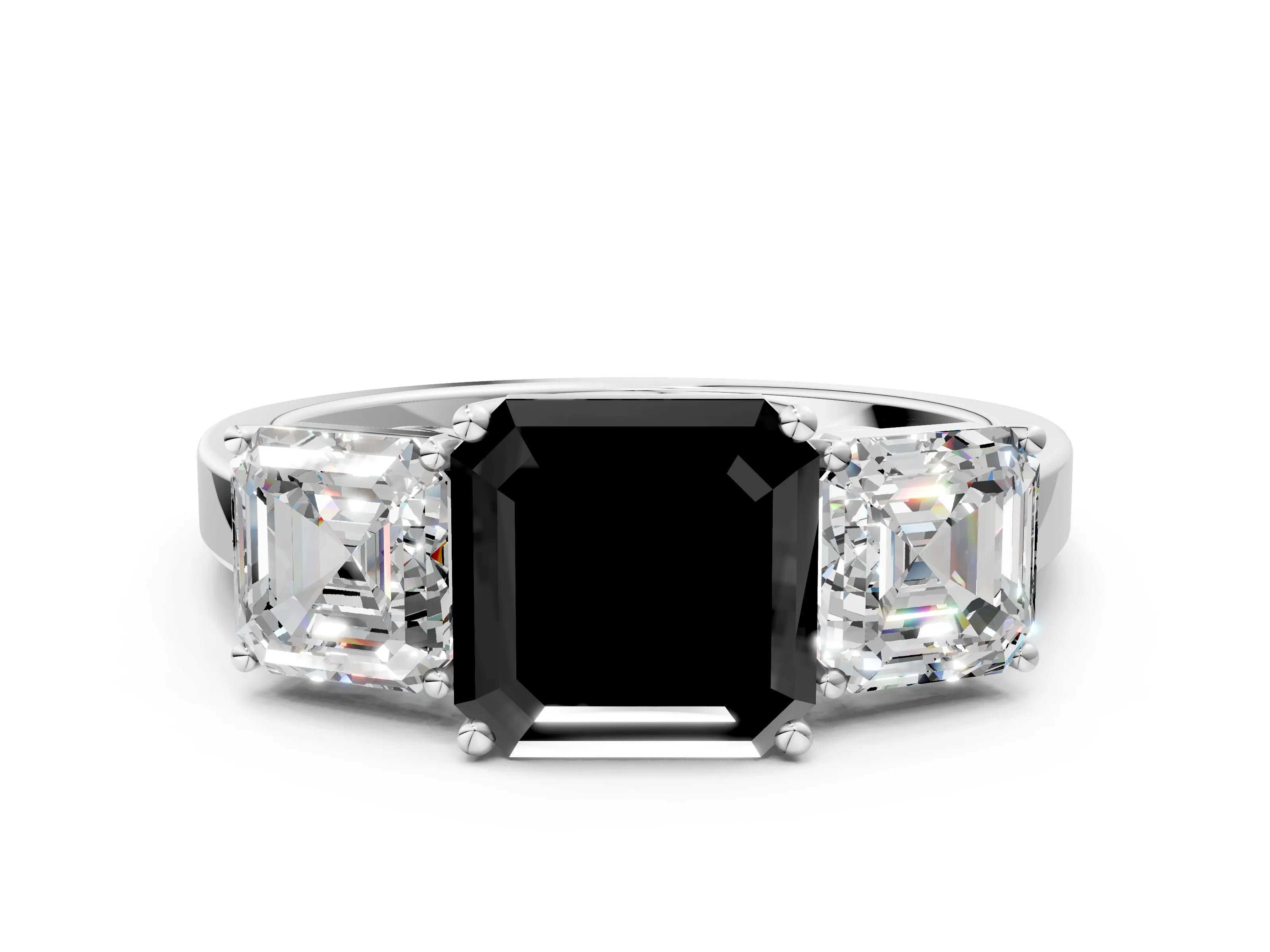 White gold Three-Stone Fancy Black Asscher Cut Cut Diamond Engagement Ring with Flat Band and Four-Prong Setting_12