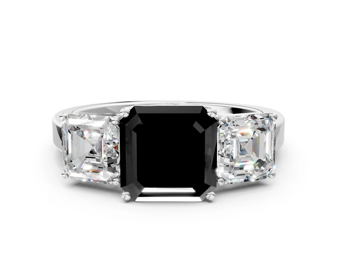 White gold Three-Stone Fancy Black Asscher Cut Cut Diamond Engagement Ring with Flat Band and Four-Prong Setting_12