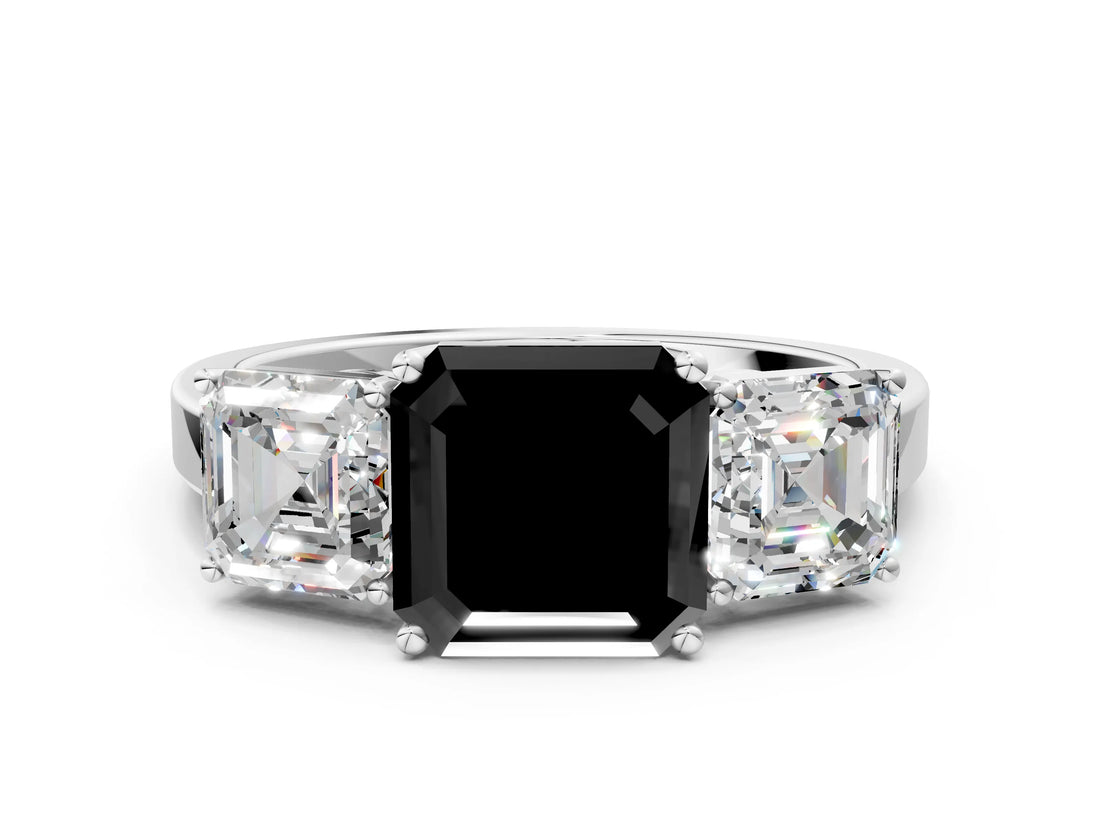 White gold Three-Stone Fancy Black Asscher Cut Cut Diamond Engagement Ring with Flat Band and Four-Prong Setting_12