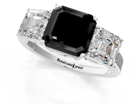 White gold Three-Stone Fancy Black Asscher Cut Cut Diamond Engagement Ring with Flat Band and Four-Prong Setting_13