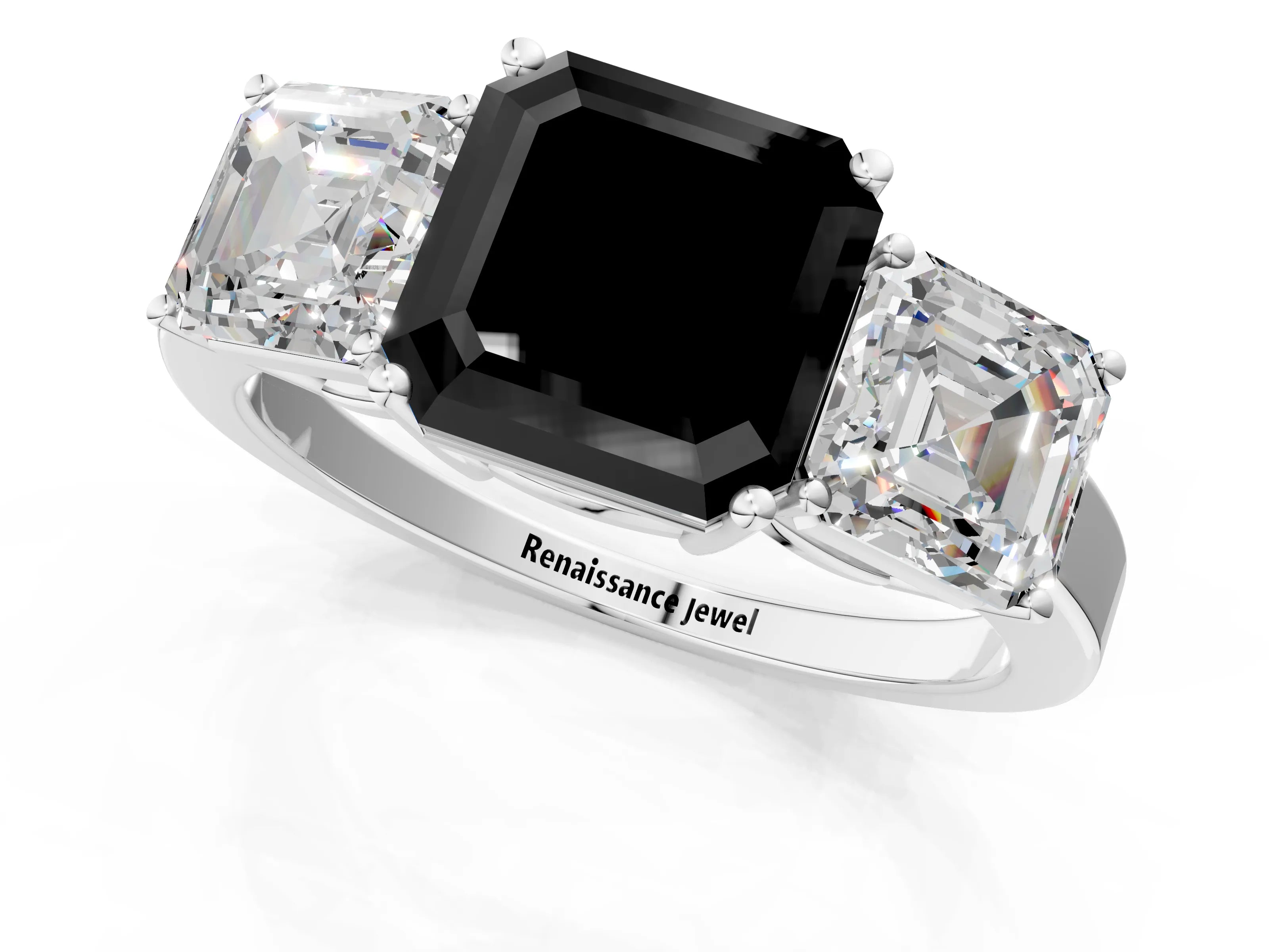White gold Three-Stone Fancy Black Asscher Cut Cut Diamond Engagement Ring with Flat Band and Four-Prong Setting_13