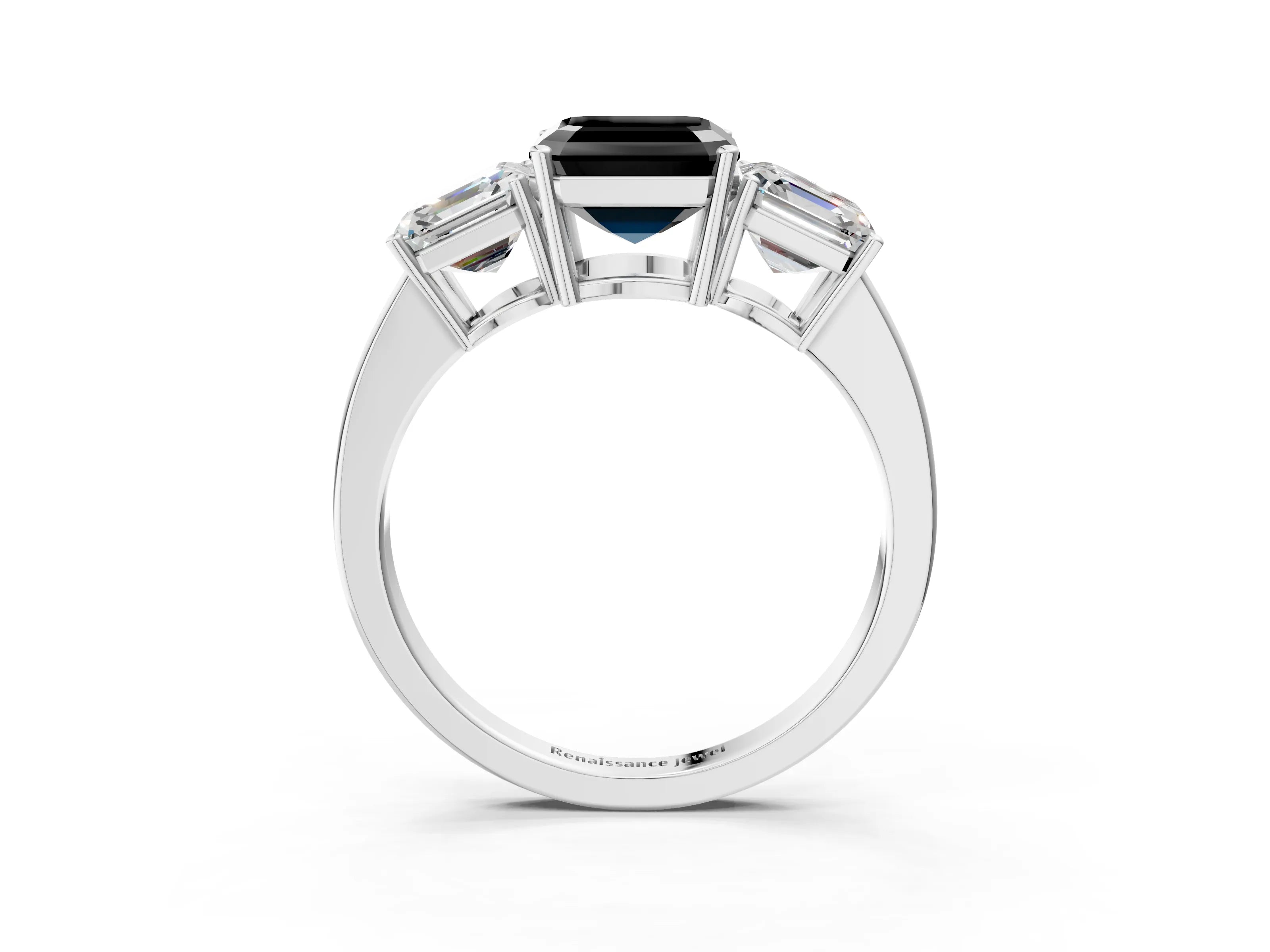 White gold Three-Stone Fancy Black Asscher Cut Cut Diamond Engagement Ring with Flat Band and Four-Prong Setting_15