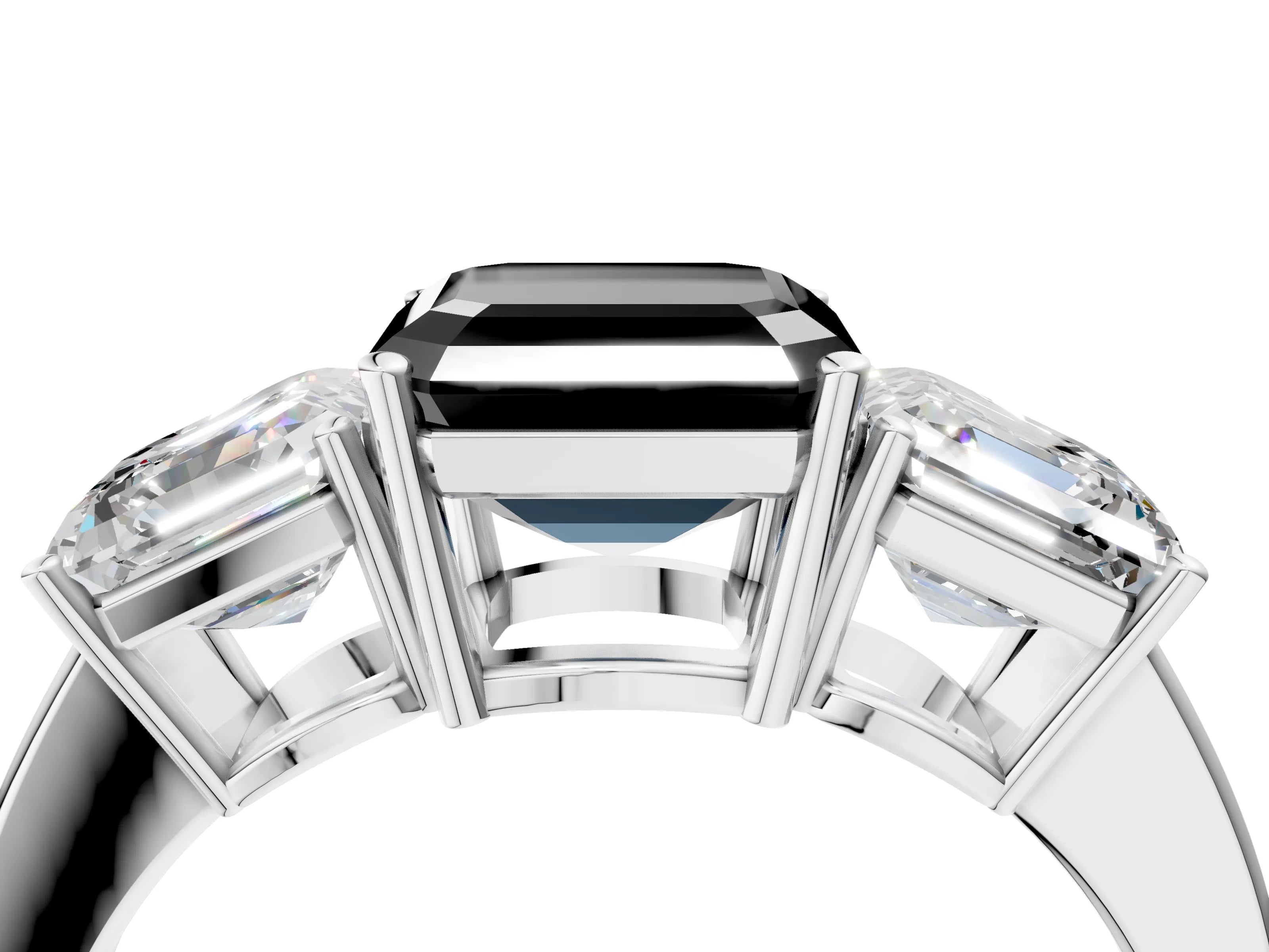 White gold Three-Stone Fancy Black Asscher Cut Cut Diamond Engagement Ring with Flat Band and Four-Prong Setting_16