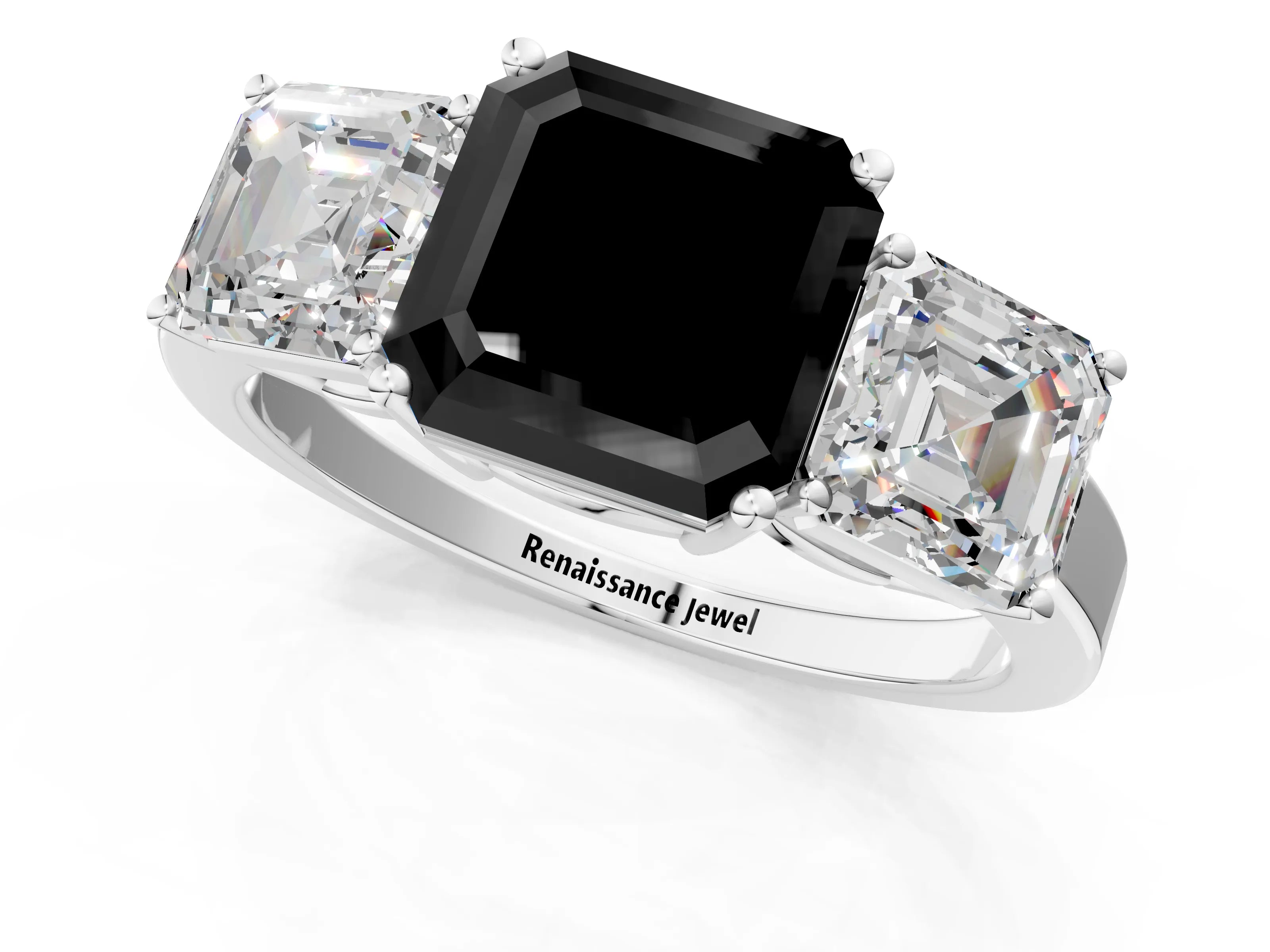 White gold Three-Stone Fancy Black Asscher Cut Cut Diamond Engagement Ring with Flat Band and Four-Prong Setting_1