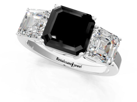 White gold Three-Stone Fancy Black Asscher Cut Cut Diamond Engagement Ring with Flat Band and Four-Prong Setting_1