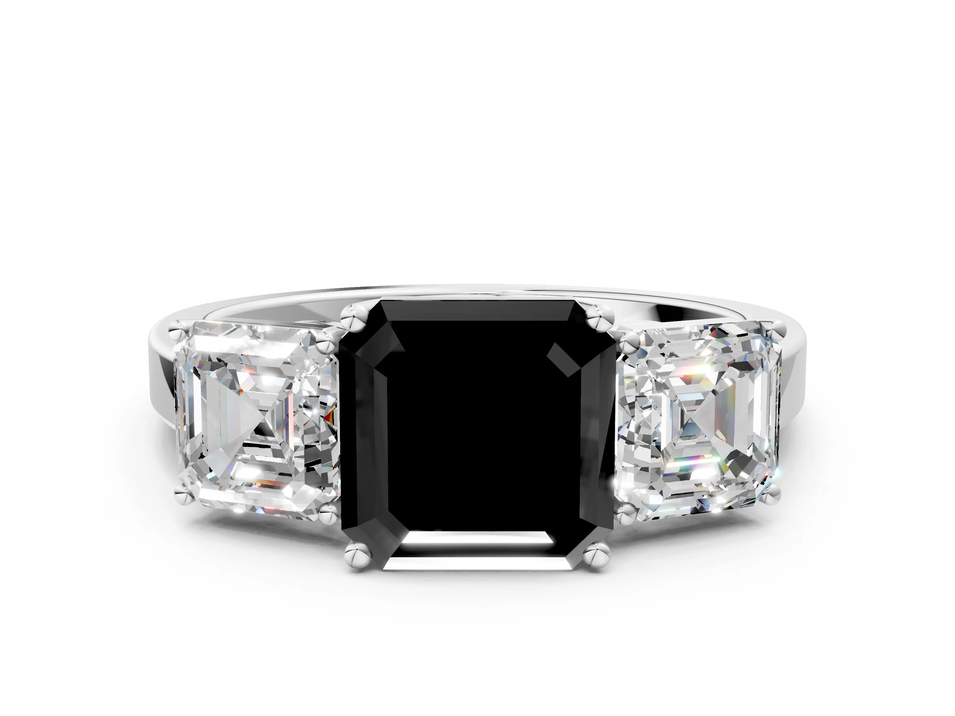 White gold Three-Stone Fancy Black Asscher Cut Cut Diamond Engagement Ring with Flat Band and Four-Prong Setting