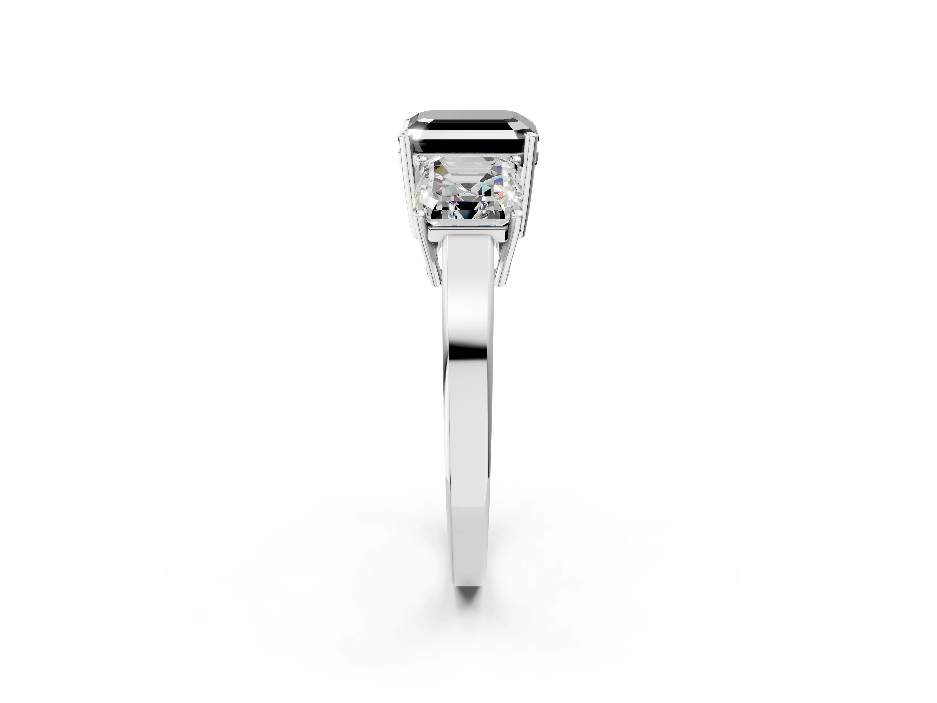 White gold Three-Stone Fancy Black Asscher Cut Cut Diamond Engagement Ring with Flat Band and Four-Prong Setting_2