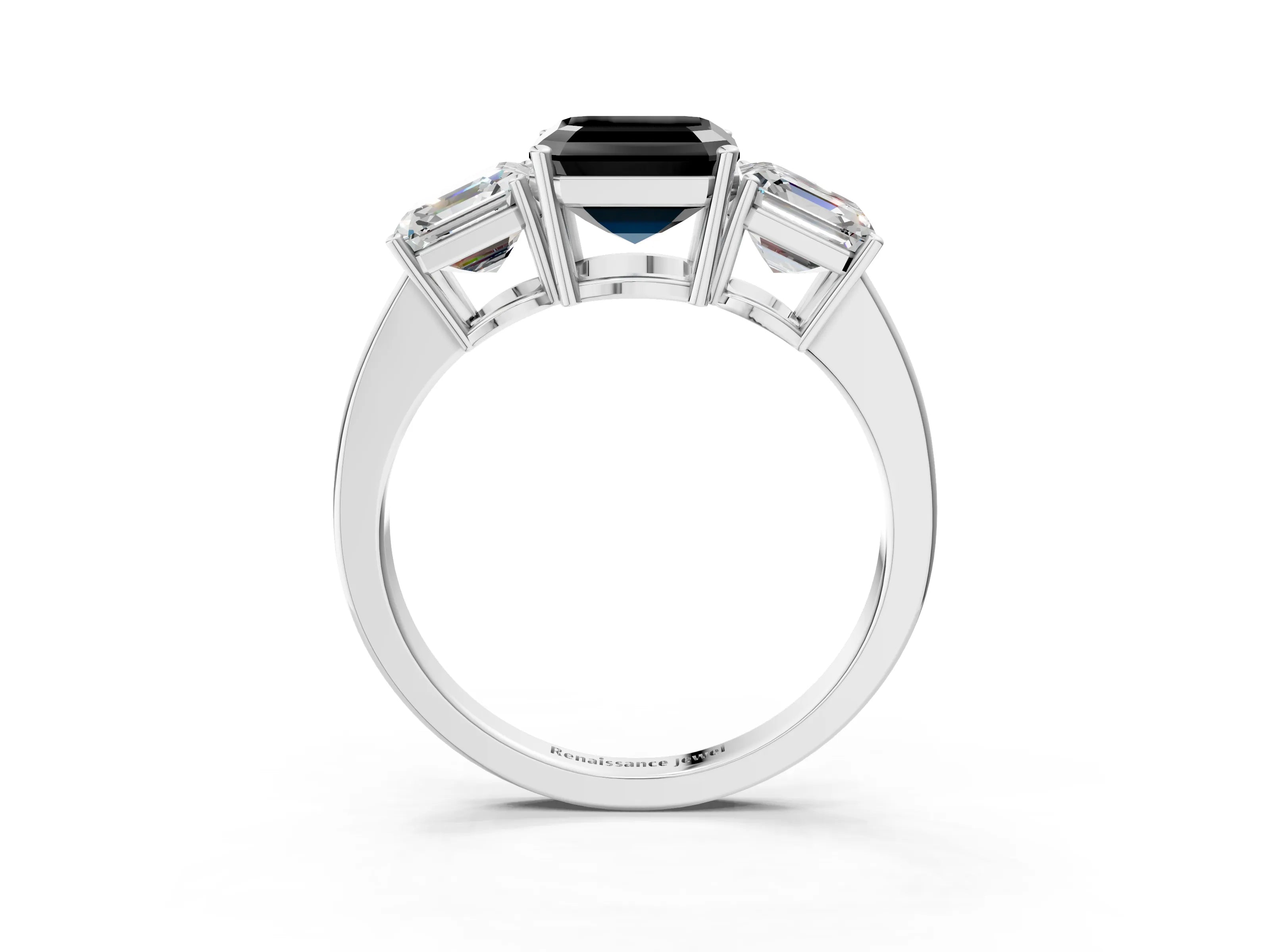 White gold Three-Stone Fancy Black Asscher Cut Cut Diamond Engagement Ring with Flat Band and Four-Prong Setting_3