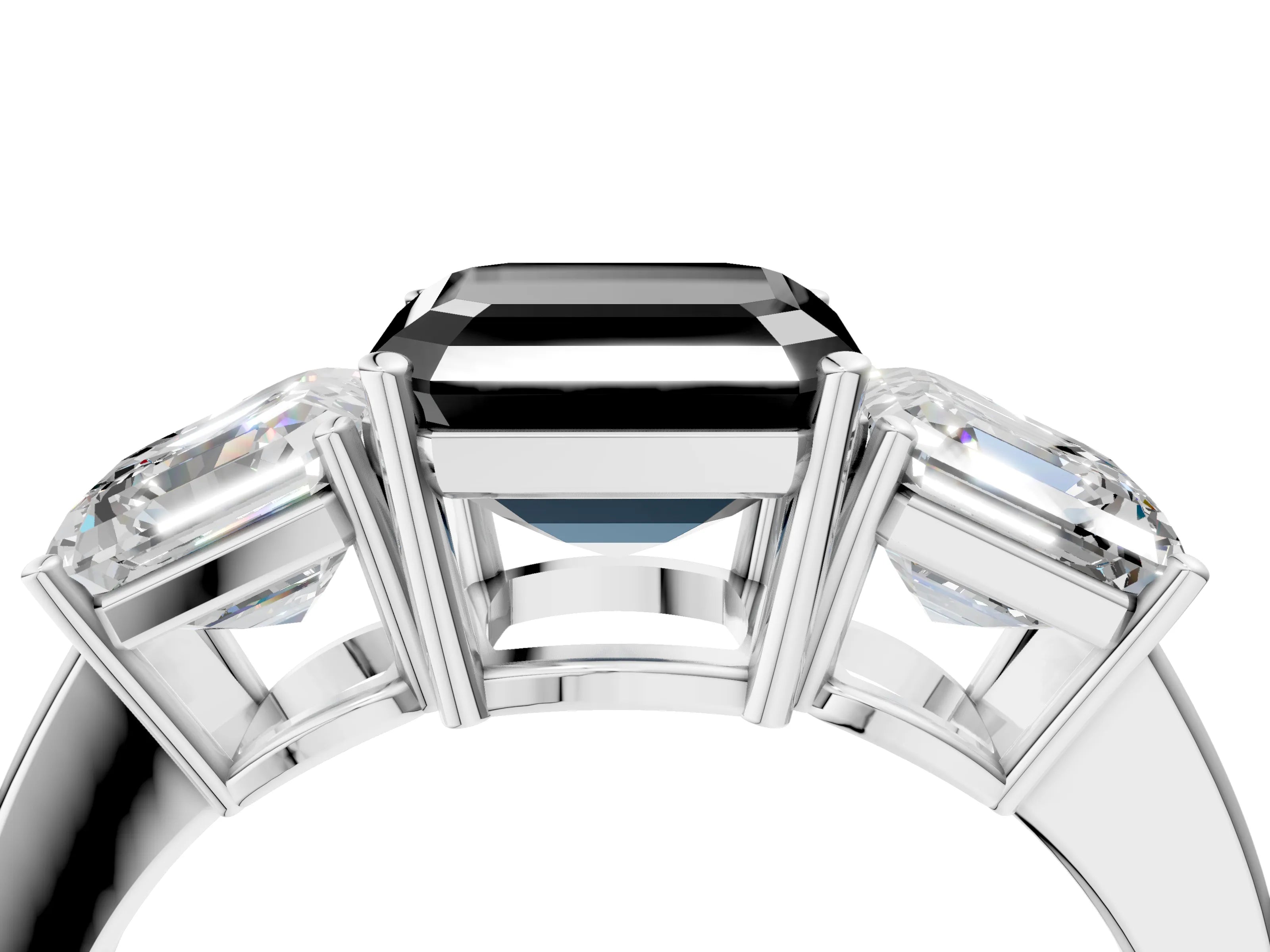 White gold Three-Stone Fancy Black Asscher Cut Cut Diamond Engagement Ring with Flat Band and Four-Prong Setting_4