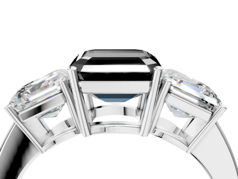 White gold Three-Stone Fancy Black Asscher Cut Cut Diamond Engagement Ring with Flat Band and Four-Prong Setting_4