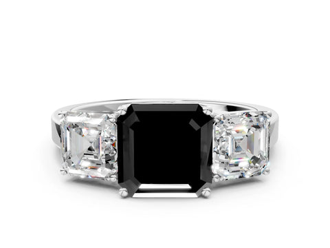 White gold Three-Stone Fancy Black Asscher Cut Cut Diamond Engagement Ring with Flat Band and Four-Prong Setting