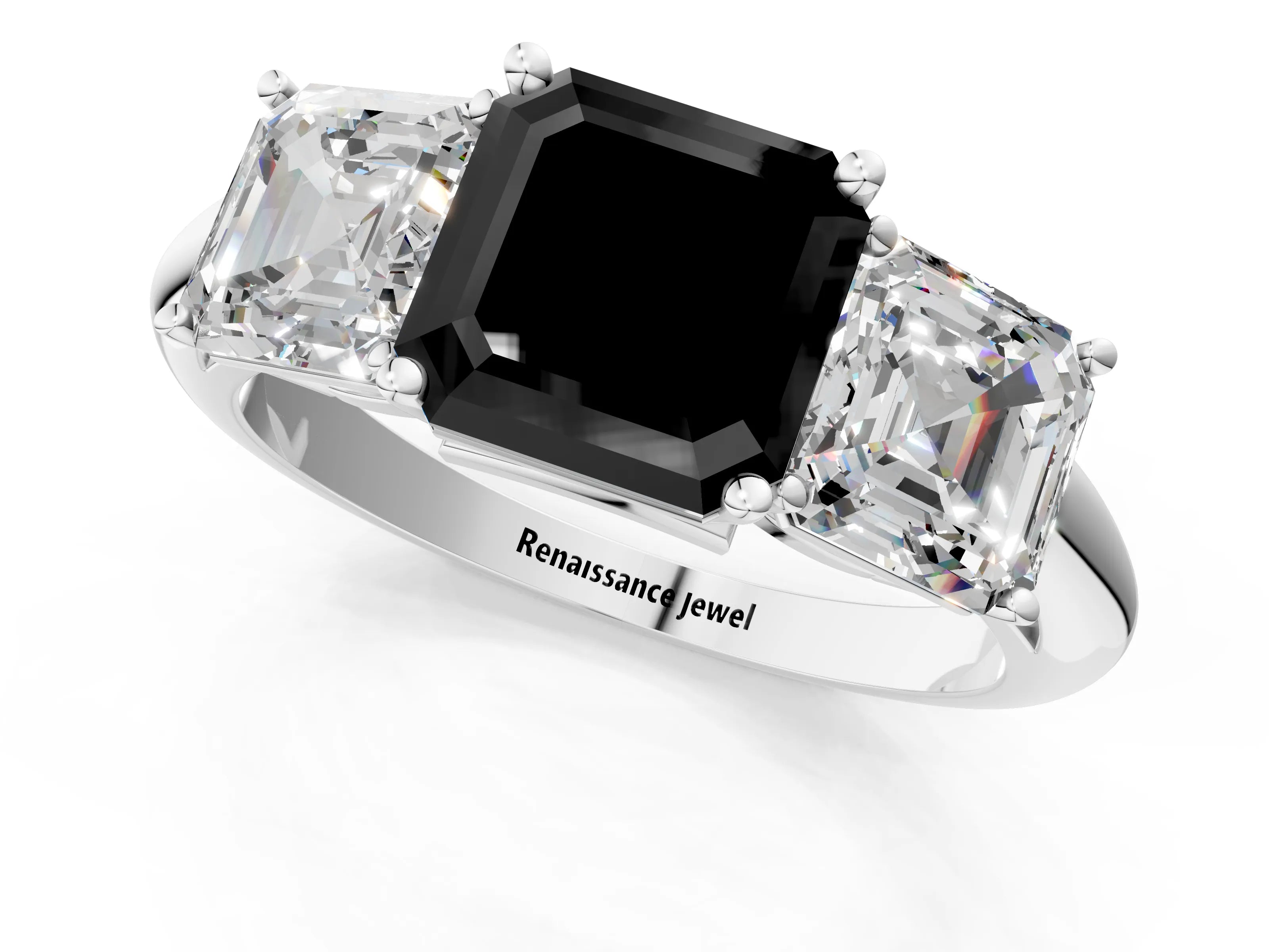 White gold Three-Stone Fancy Black Asscher Cut Cut Diamond Engagement Ring with Prong Setting on a White Gold Band_13