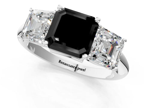 White gold Three-Stone Fancy Black Asscher Cut Cut Diamond Engagement Ring with Prong Setting on a White Gold Band_13
