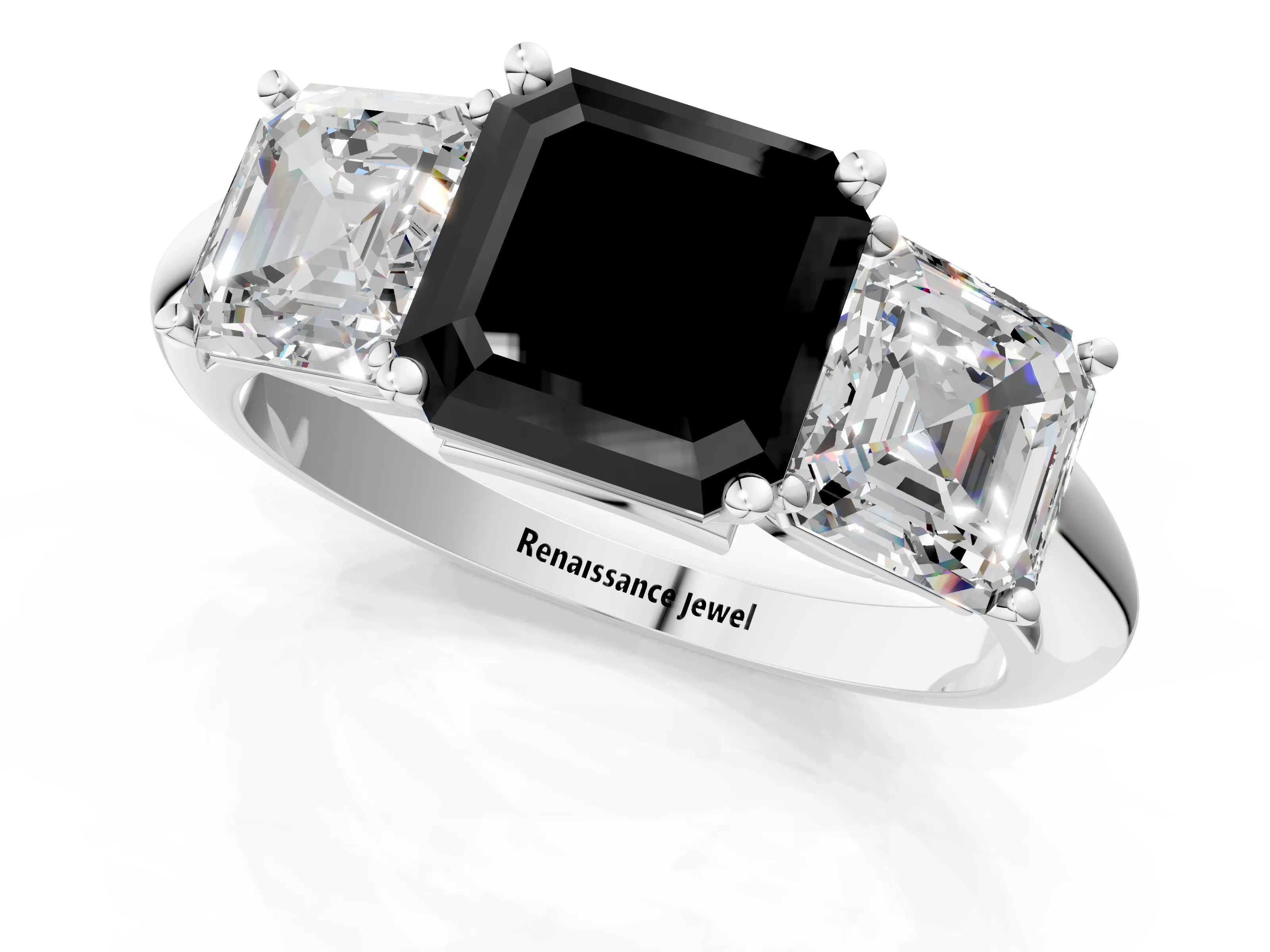 White gold Three-Stone Fancy Black Asscher Cut Cut Diamond Engagement Ring with Prong Setting on a White Gold Band_13