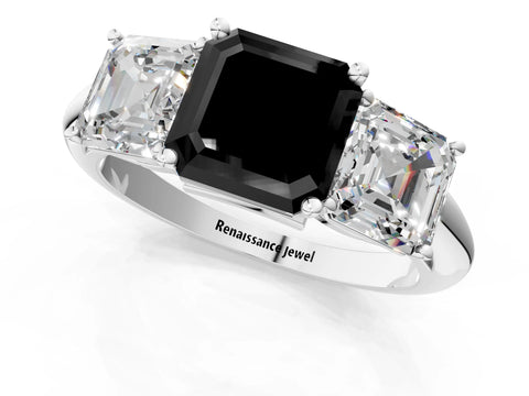 White gold Three-Stone Fancy Black Asscher Cut Cut Diamond Engagement Ring with Prong Setting on a White Gold Band_13